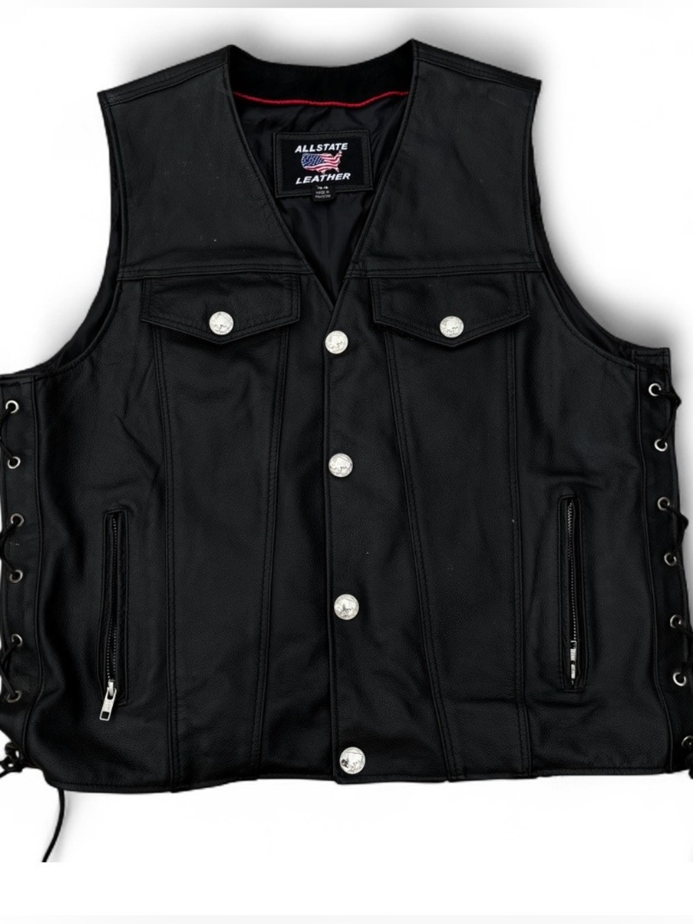 ALLSTATE LEATHER Black Leather Denim Style Biker Motorcycle Vest Size 44